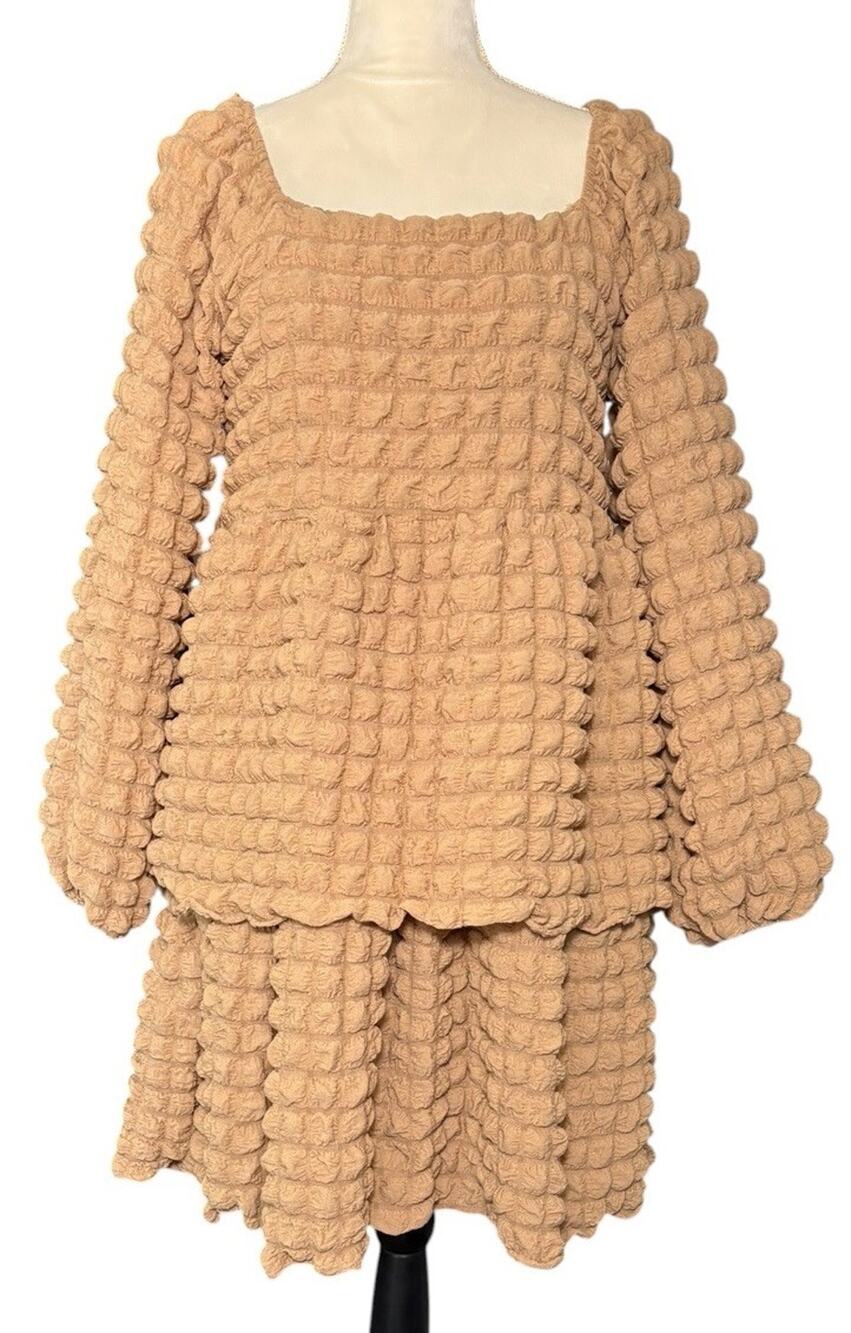Simply Southern Tiered Bubble Dress Tan Size Small Long Puff Sleeves NEW‎ Boho